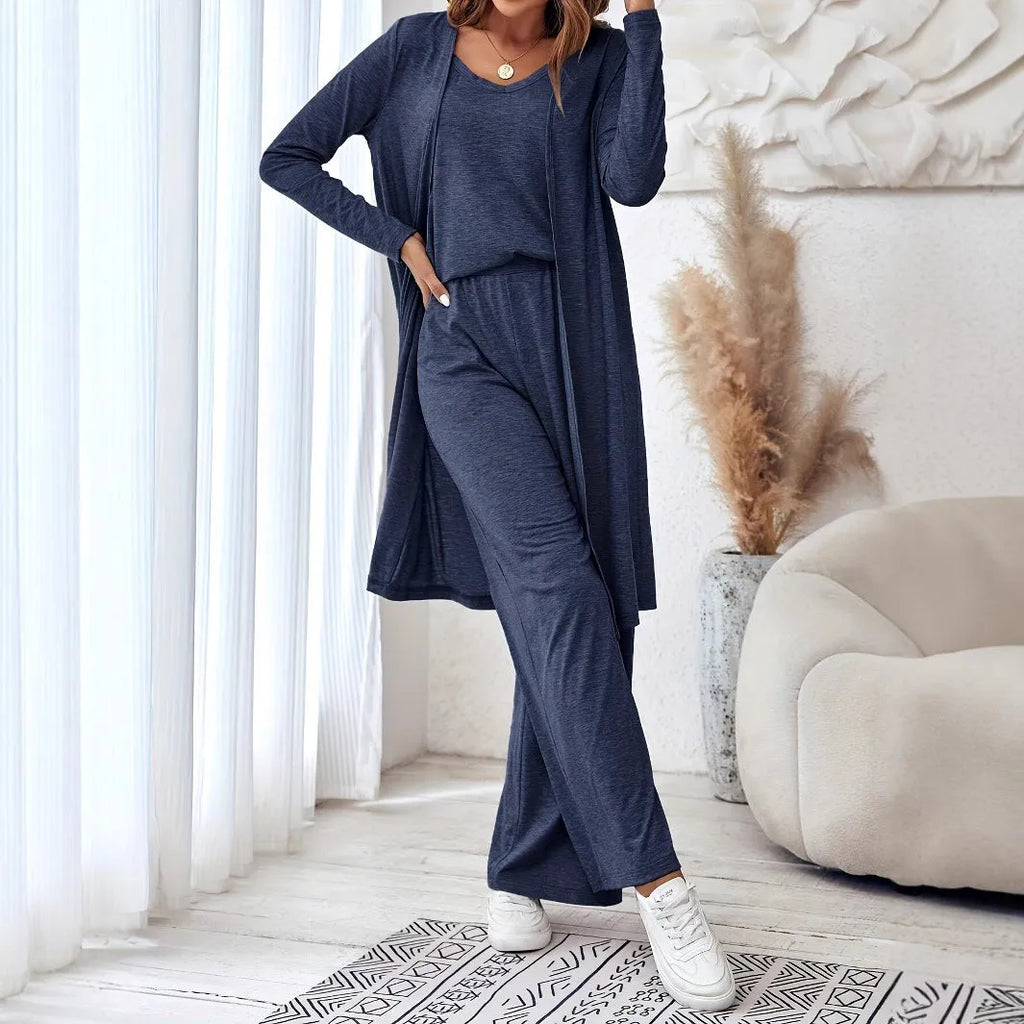 Women's blue polyester casual suit set with trousers, long-sleeve top and matching suspenders