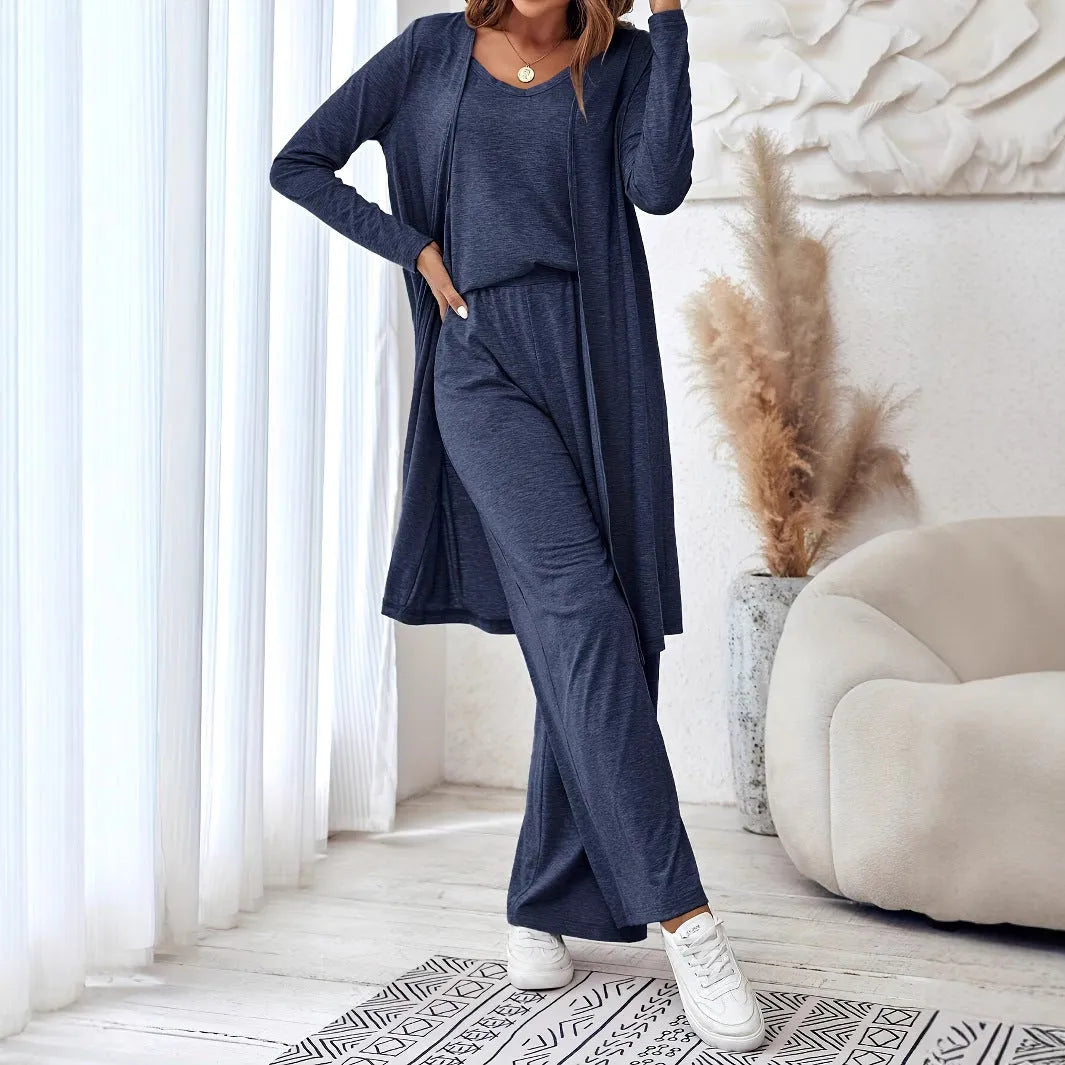 Women's blue polyester casual suit set with trousers, long-sleeve top and matching suspenders