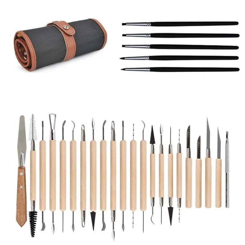 27-piece pottery clay sculpting tool set with stainless steel, wood, and plastic implements in roll-up storage bag