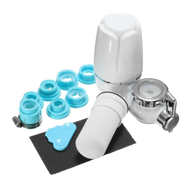 White plastic faucet-mounted water filter with switch control and ceramic cartridge
