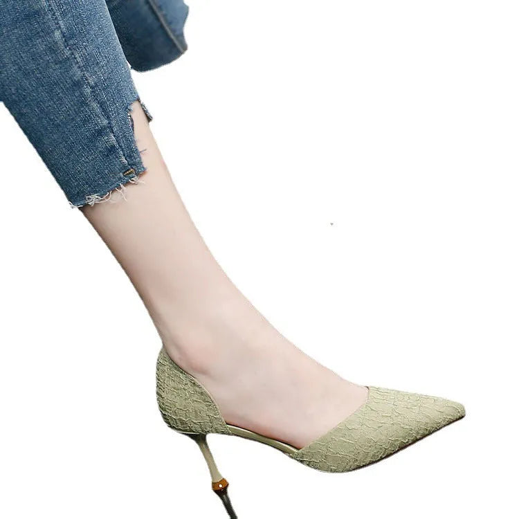 Women's black pointed toe stiletto high heel shoe with PU leather upper