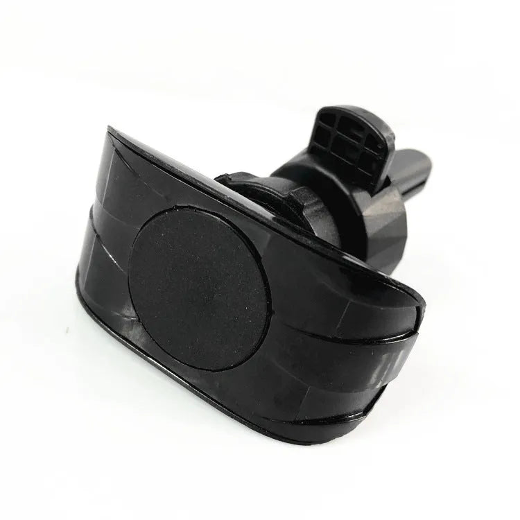 Black car phone holder mounted on car air vent with adjustable clamp and flexible positioning arm