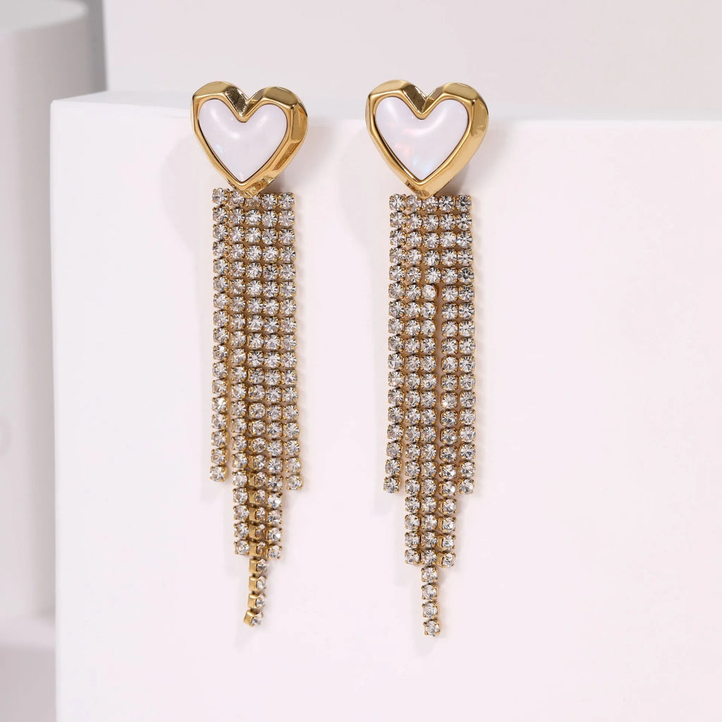 Pair of 18K gold plated stainless steel earrings featuring heart and star shapes with diamond tassels