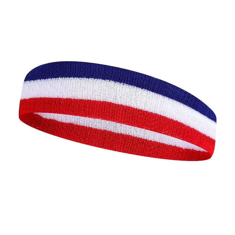 Colourful elastic sports headband for running and basketball, shown in red yellow and blue colour option.