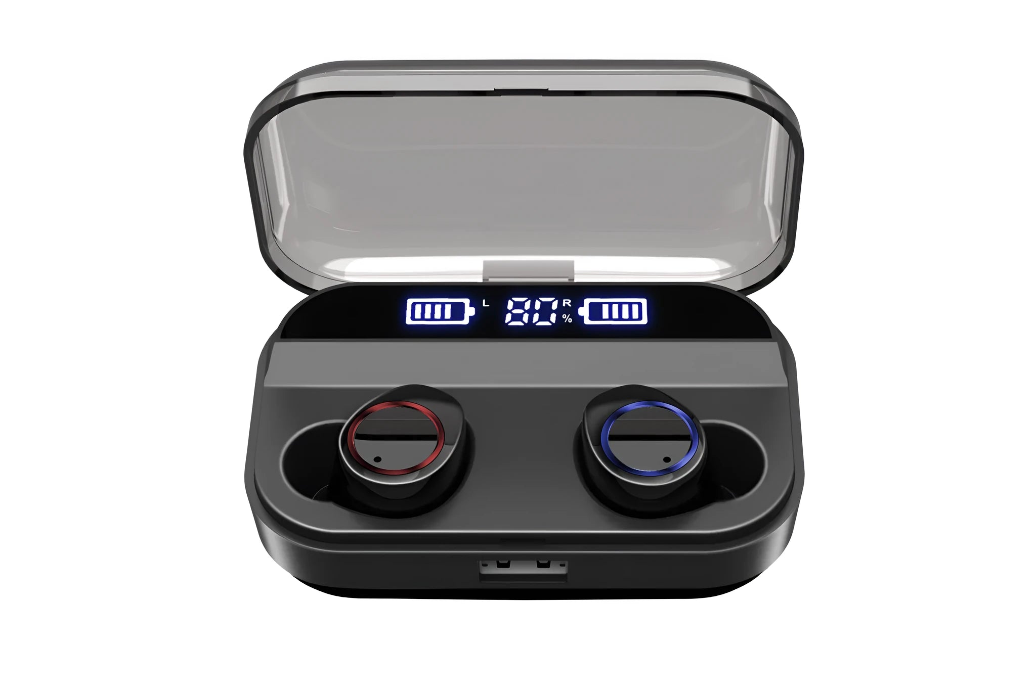 Black X11 Sky-Free wireless Bluetooth earbuds with touch controls and a white charging case.