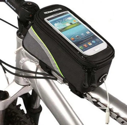 ROSWHEEL PVC bicycle frame bag for iPhone mounted on a bike frame, shown in red colour.