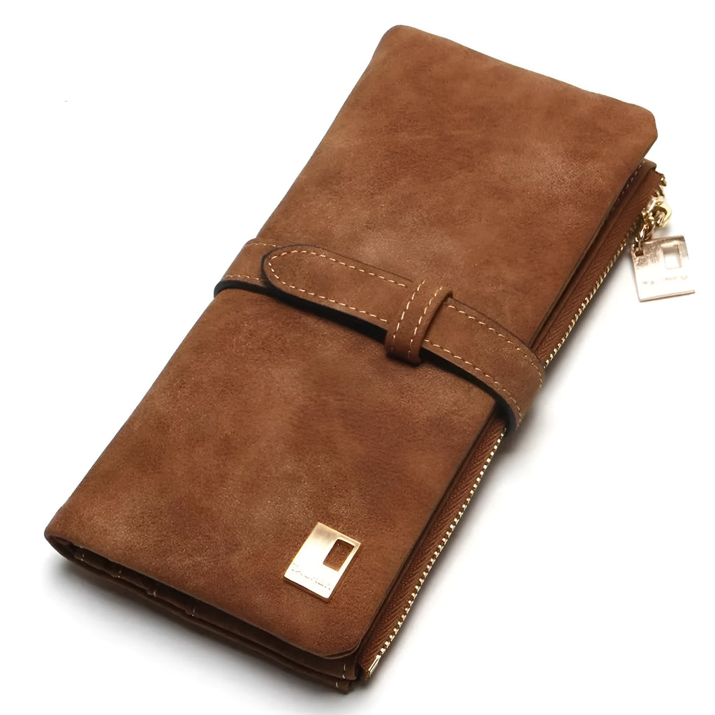 Vertical long wallet with retro matte leather finish showing zip closure and internal card organisation
