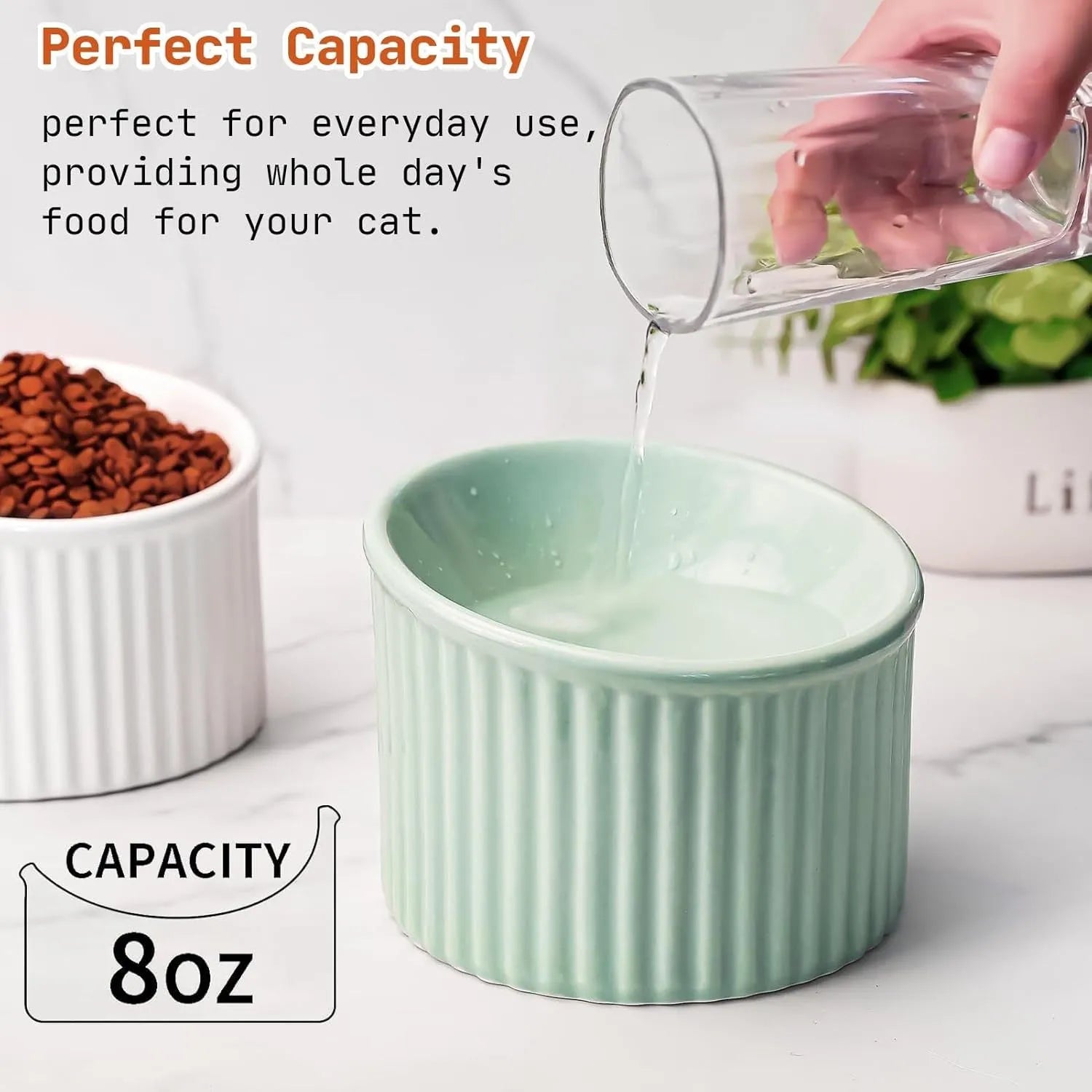 Ceramic elevated cat bowl in green, tilted design for anti-vomit, whisker-friendly feeding.