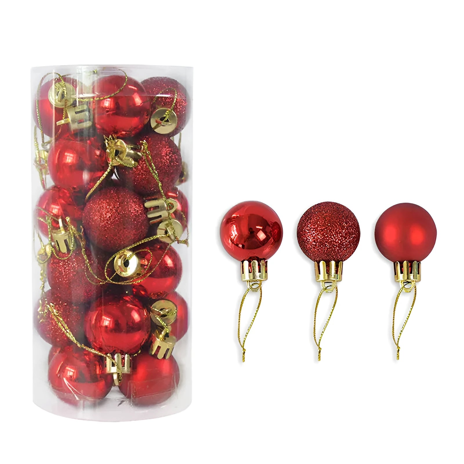 3cm diameter shiny matte finish Christmas baubles in multiple colours including gold, red and silver