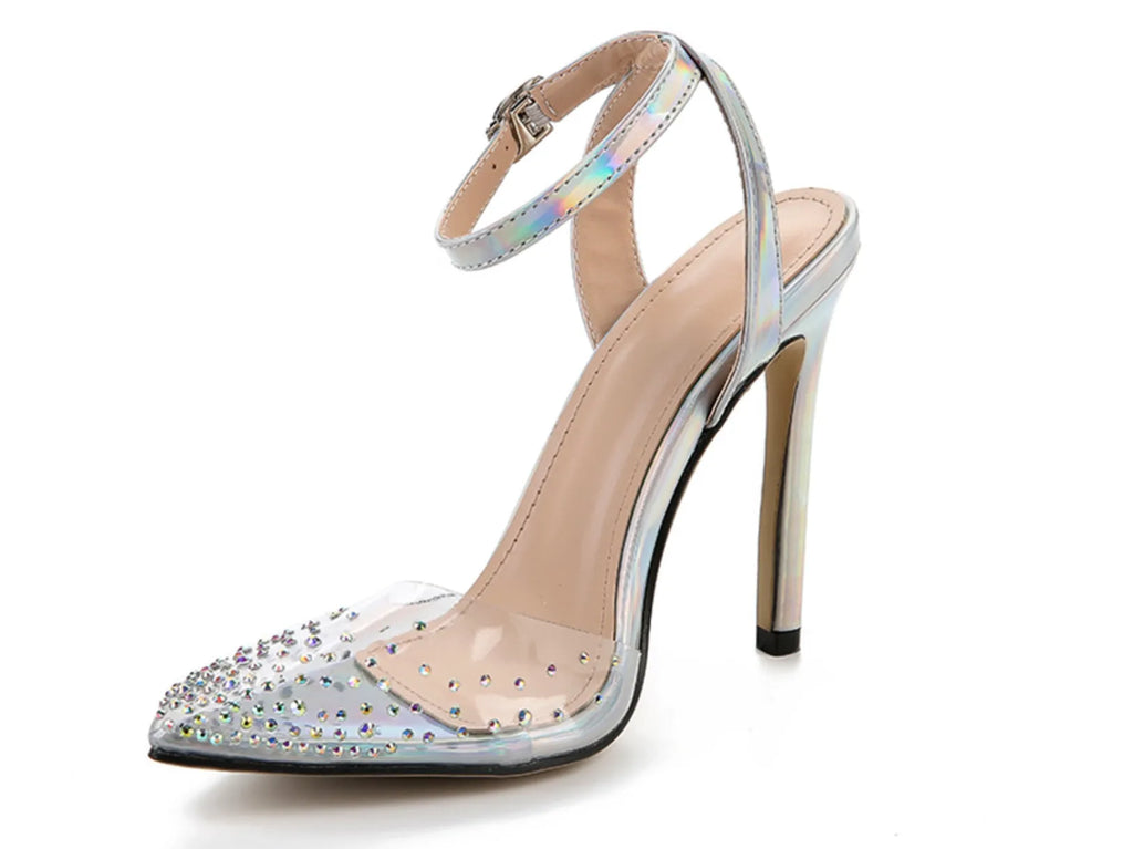 Women's pointed toe sandals with stiletto heels and diamond detail in glossy PVC material
