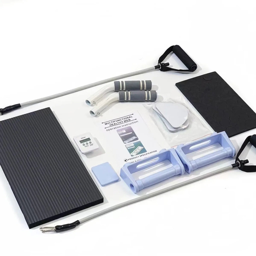 Foldable purple PP plastic belly panel fitness board for abdominal exercises on a home floor.