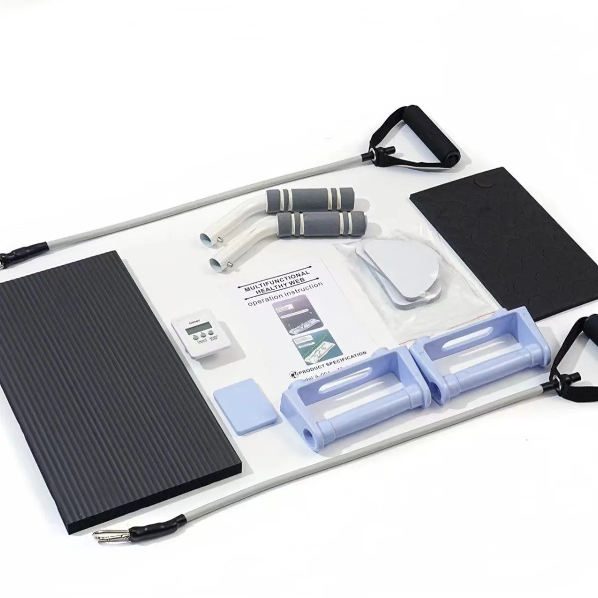 Foldable purple PP plastic belly panel fitness board for abdominal exercises on a home floor.