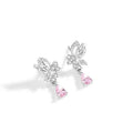 A pair of silver butterfly stud earrings with clear crystal details on a white background.