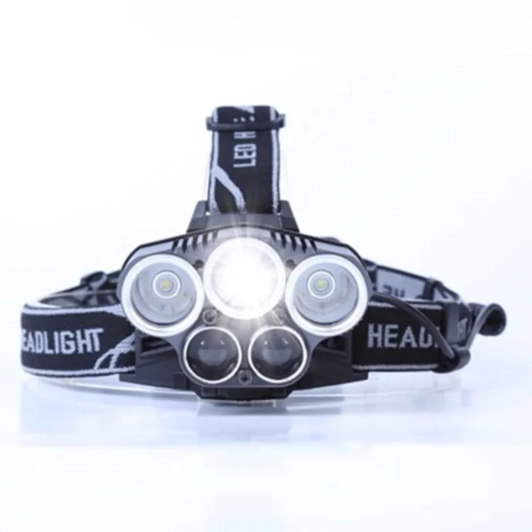 Outdoor head-mounted LED torch showing long-range beam, worn on head with adjustable strap.