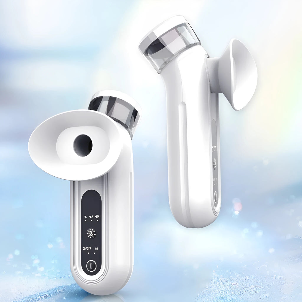 White rechargeable eye massager device with warm compress and atomisation cleaning functions, shown with included eye mask.