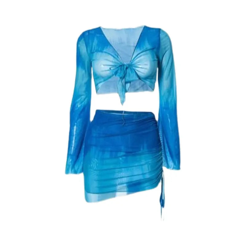 Women's blue four-piece bikini swimsuit set with high-waisted briefs and backless design