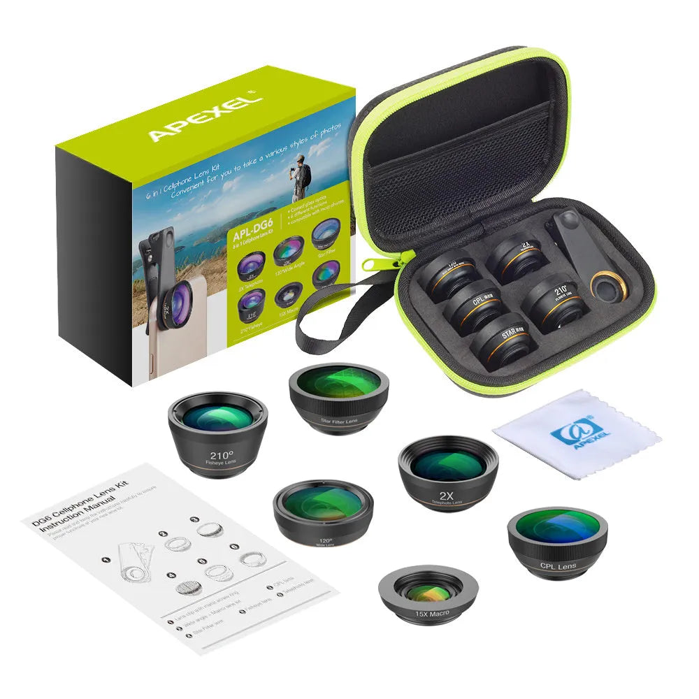 6-in-1 universal smartphone camera lens kit showing fisheye, wide angle, macro and telephoto lenses in black aluminium housings