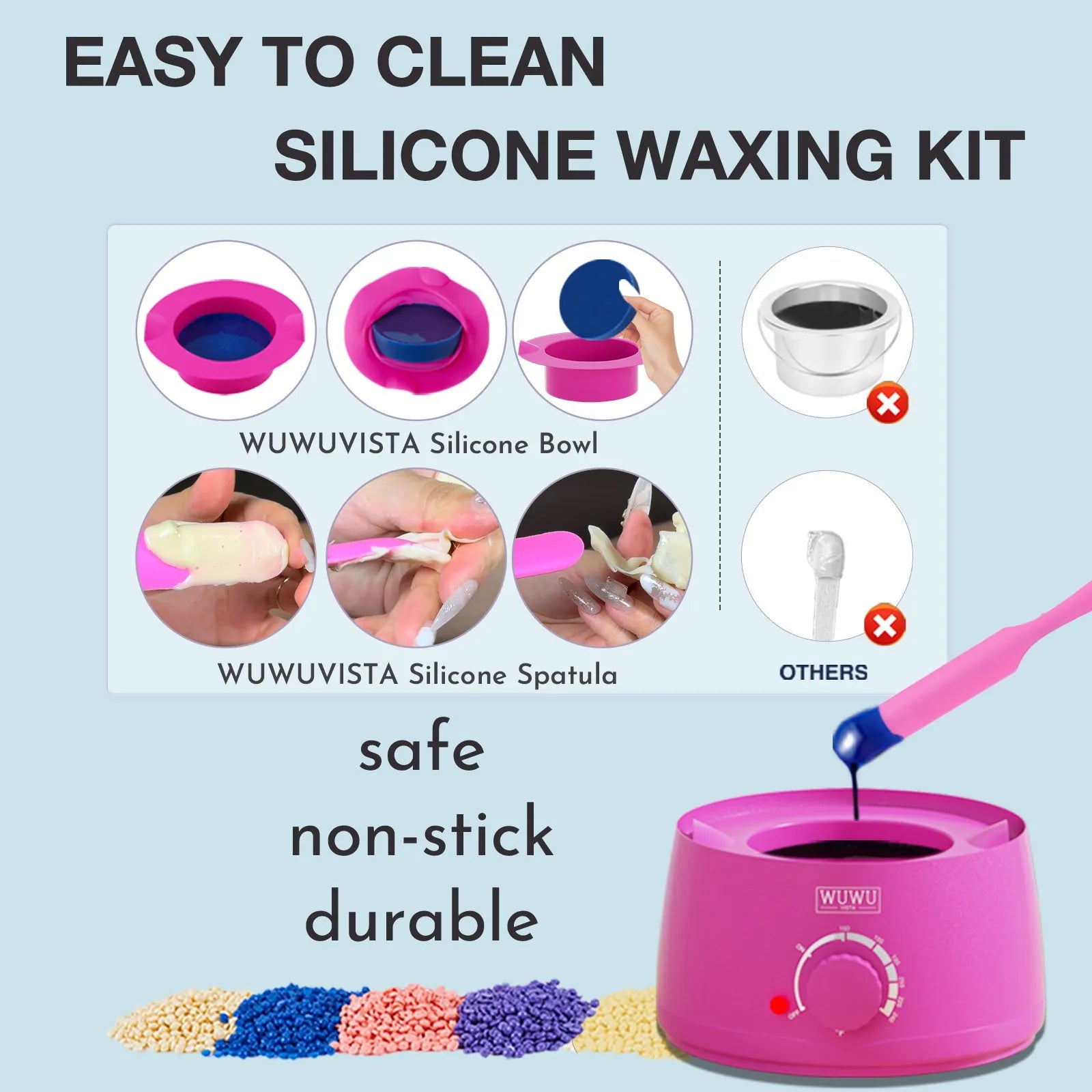WUWUVISTA 63-piece waxing kit with black wax warmer, wax beads, lotion, and waxing sticks