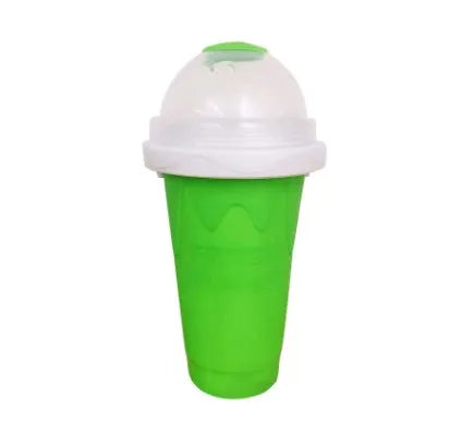 Blue silicone freeze cup with pinch design for chilling smoothies, showing double-layer construction and built-in coolant.