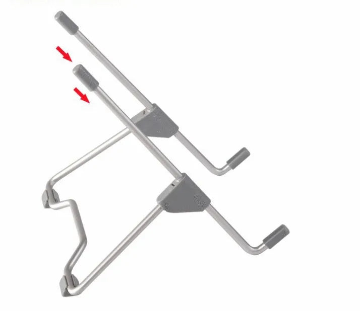 Grey aluminium and plastic adjustable stand holding a mobile phone and a laptop on a desk.