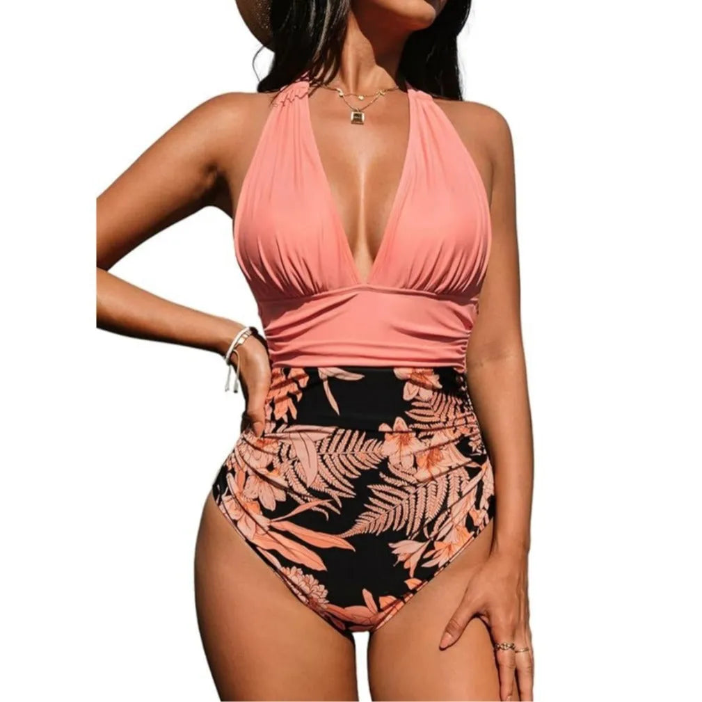 Women's halter neck one-piece swimsuit in quick-dry polyester with floral print