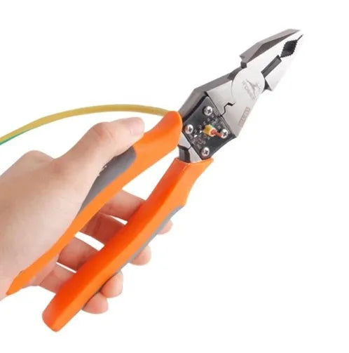 Orange-handled multi-function wire cutter pliers with chrome steel clamp head for stripping and cutting
