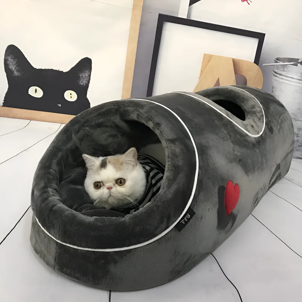 Double-hole flannel cat nest in grey with love heart pattern, 80x30x26cm, side view showing two openings