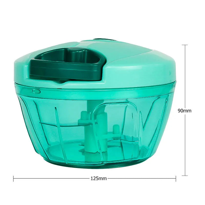 Green manual kitchen chopper with three blades and a 500ml transparent bowl.