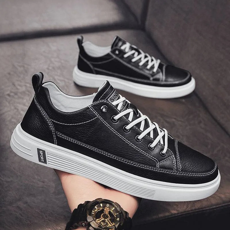 Men's casual white PU shoes with round toe and flat low heel for summer.
