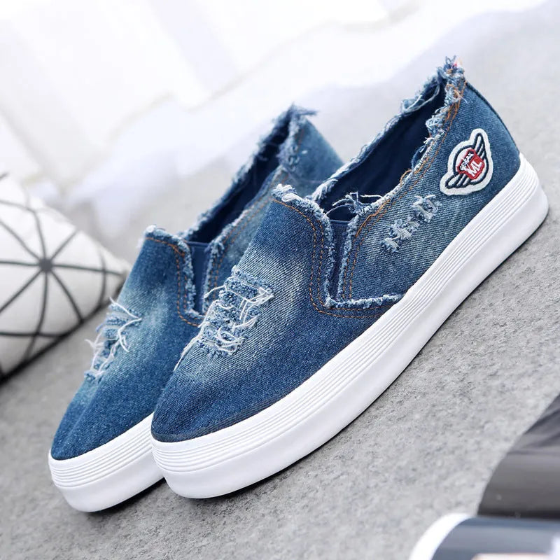Women's canvas chunky loafer pedal shoes in light blue with rubber sole