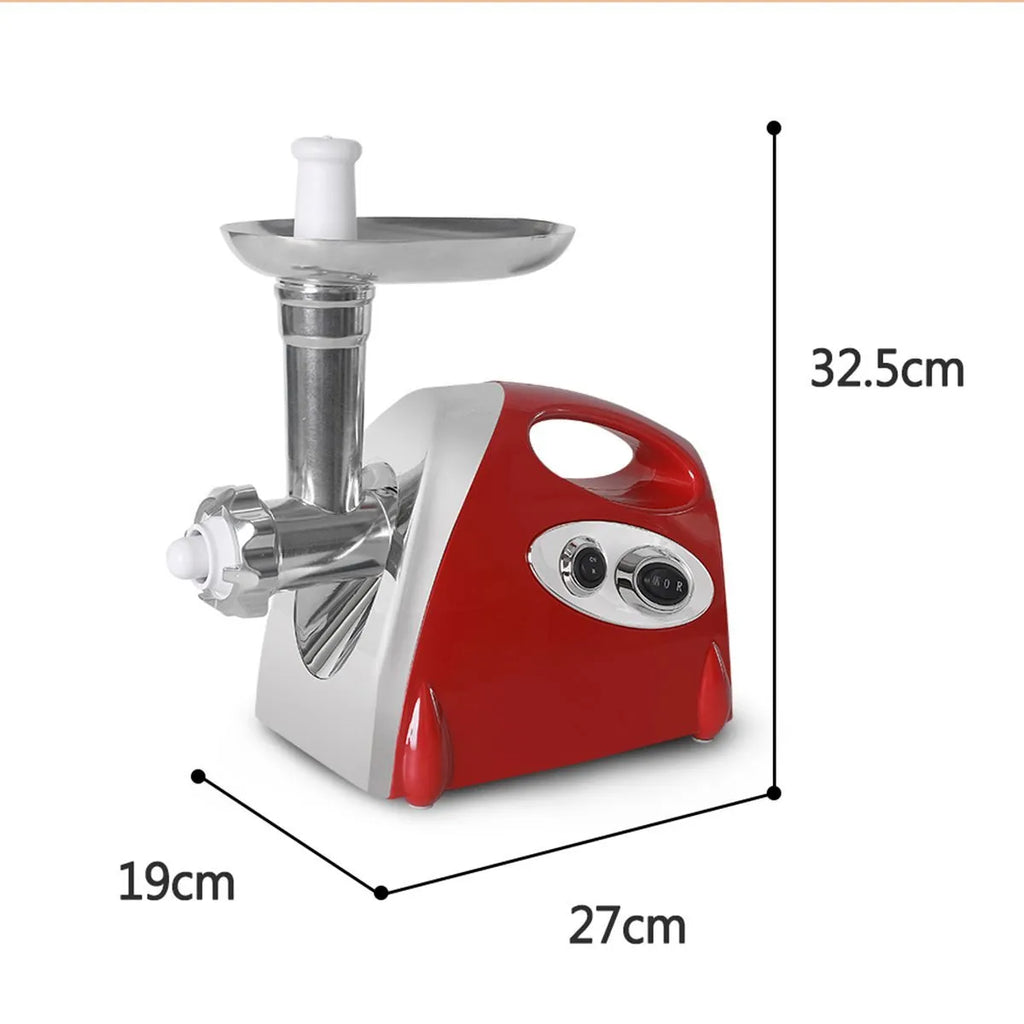 Red electric meat grinder with 800W motor and food grade aluminium alloy body on kitchen counter