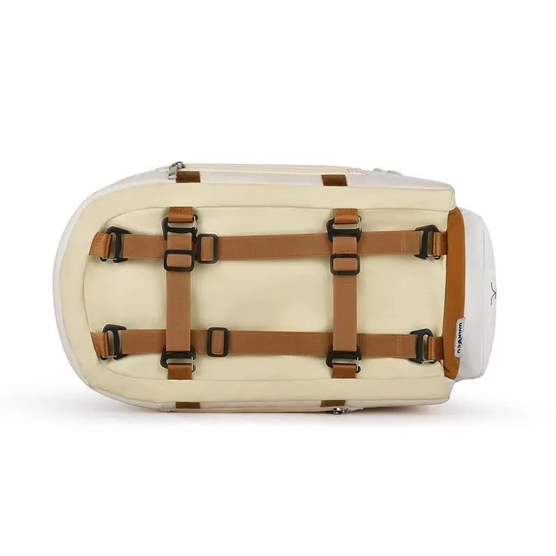 Beige hard-sided pet carrier with one-shoulder strap measuring 43x25x22.5cm for pets under 15kg