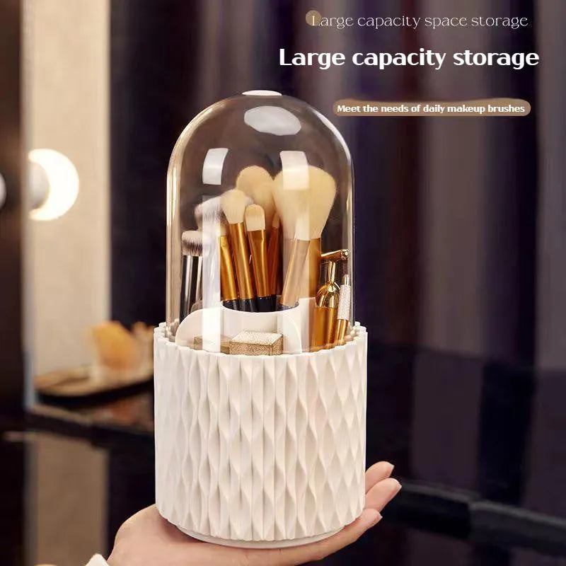 360 rotating large capacity transparent acrylic makeup brush storage pen holder with lid in white, PET HIPS desktop cosmetic organiser