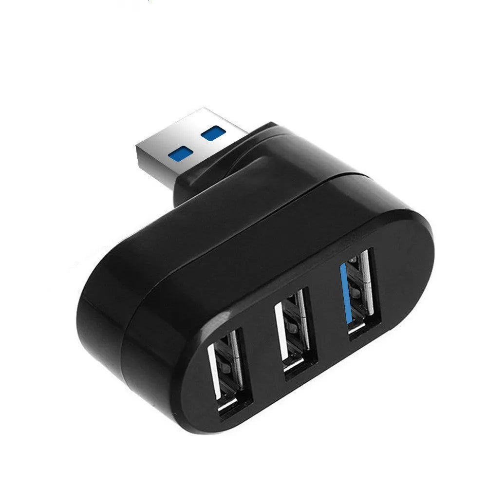 Black and white USB rotary splitter hub with four ports on a rotating body.
