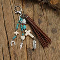 Cross leather rope tassel pendant keychain in retro alloy finish colour XY-3669
