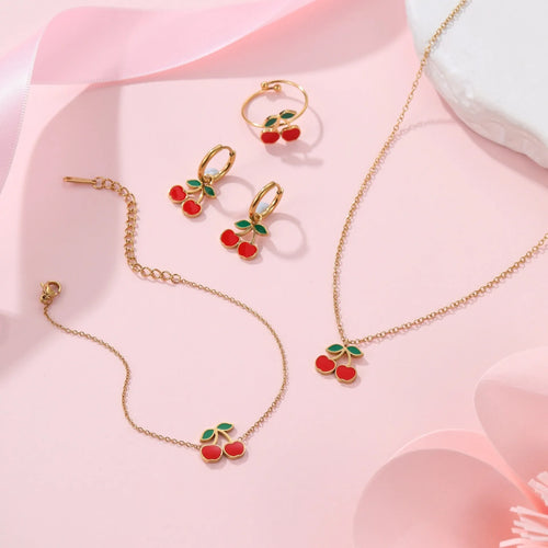 Four-piece 18K gold plated stainless steel jewellery set featuring cherry shaped necklace bracelet earrings and ring