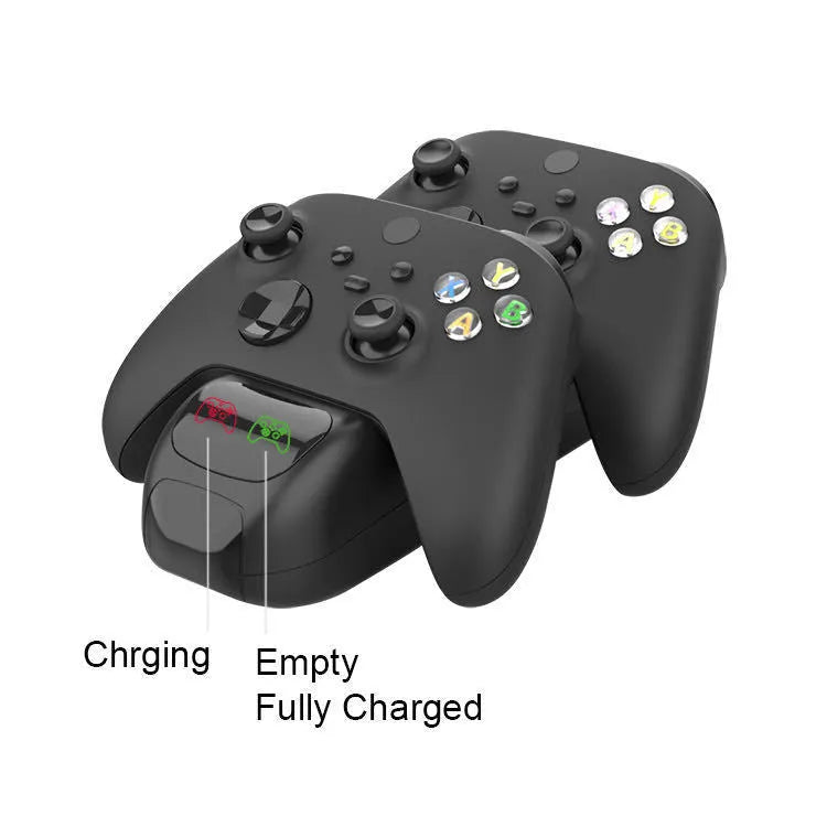 Black Xbox Series X/S dual controller charging station with LED lights and two battery packs on dock.