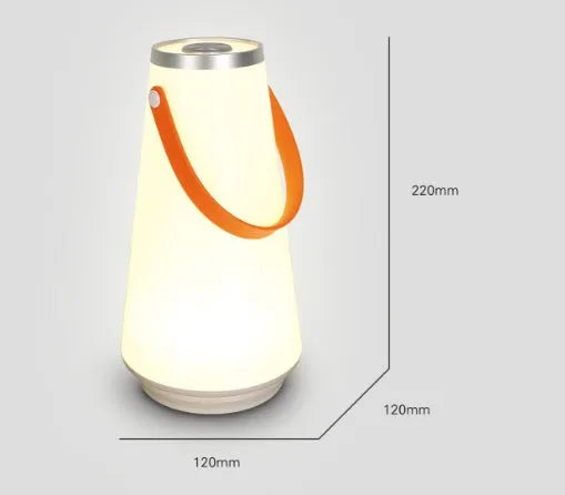 White rechargeable LED bedside lamp with adjustable brightness on a table.