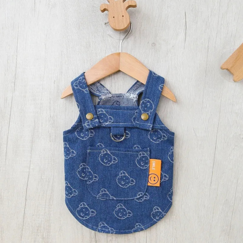 Small dog wearing denim princess dress with bracket skirt design for spring and autumn weather
