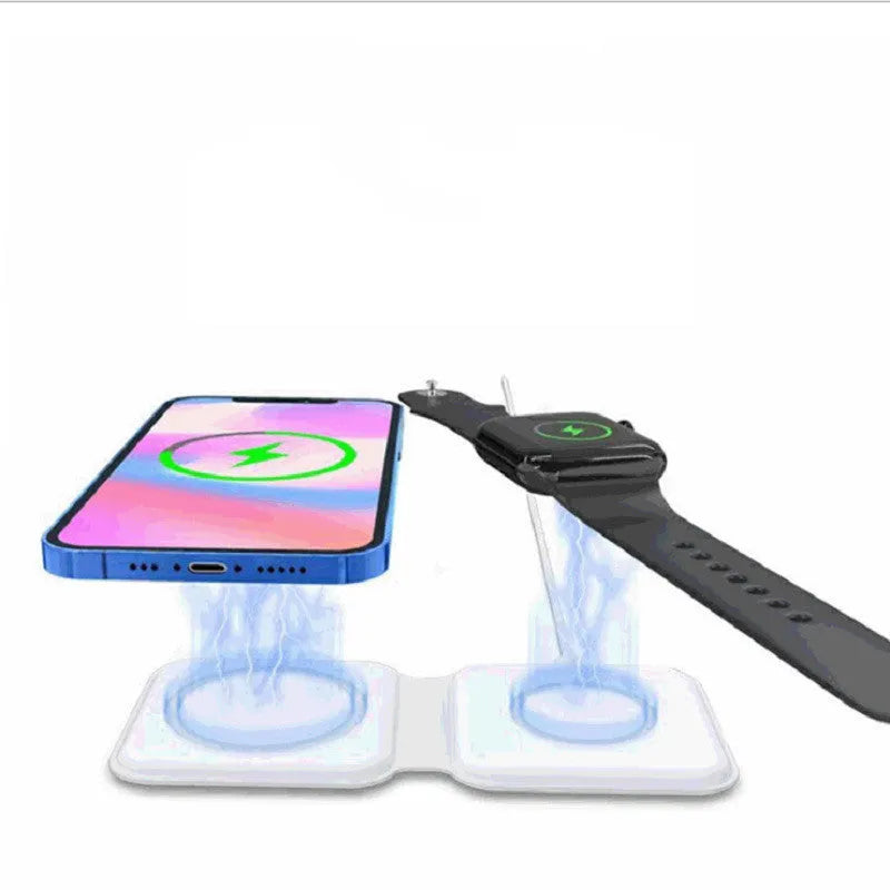 White folding magnetic wireless charging dock showing dual charging surfaces and 180-degree hinge
