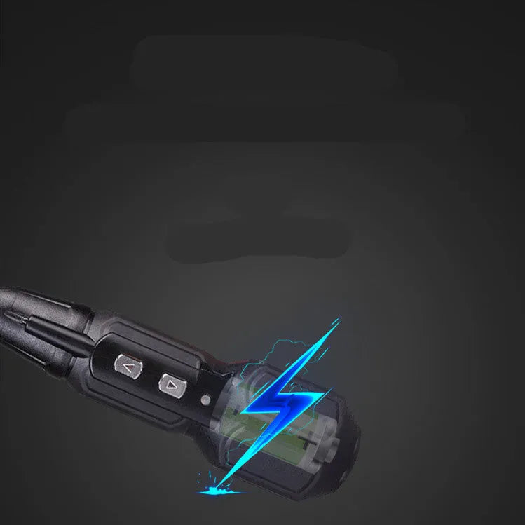 Black and blue alloy steel straight-handle cordless electric screwdriver on a workbench.