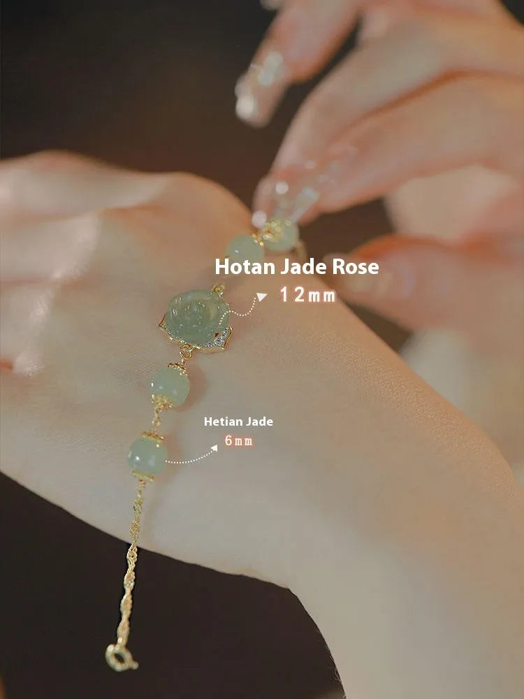 Women's Hetian jade rose bracelet with 14K gold gilded floral design and literature style