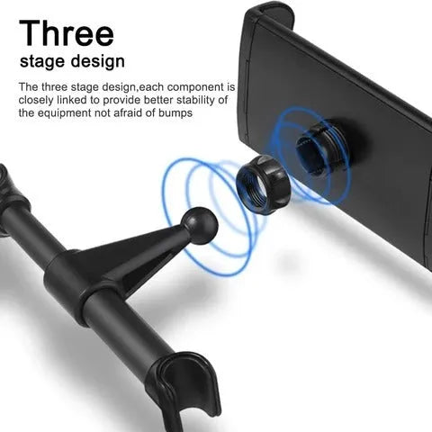 Black universal car phone and tablet holder with adjustable arm mounted on a rear seat base.