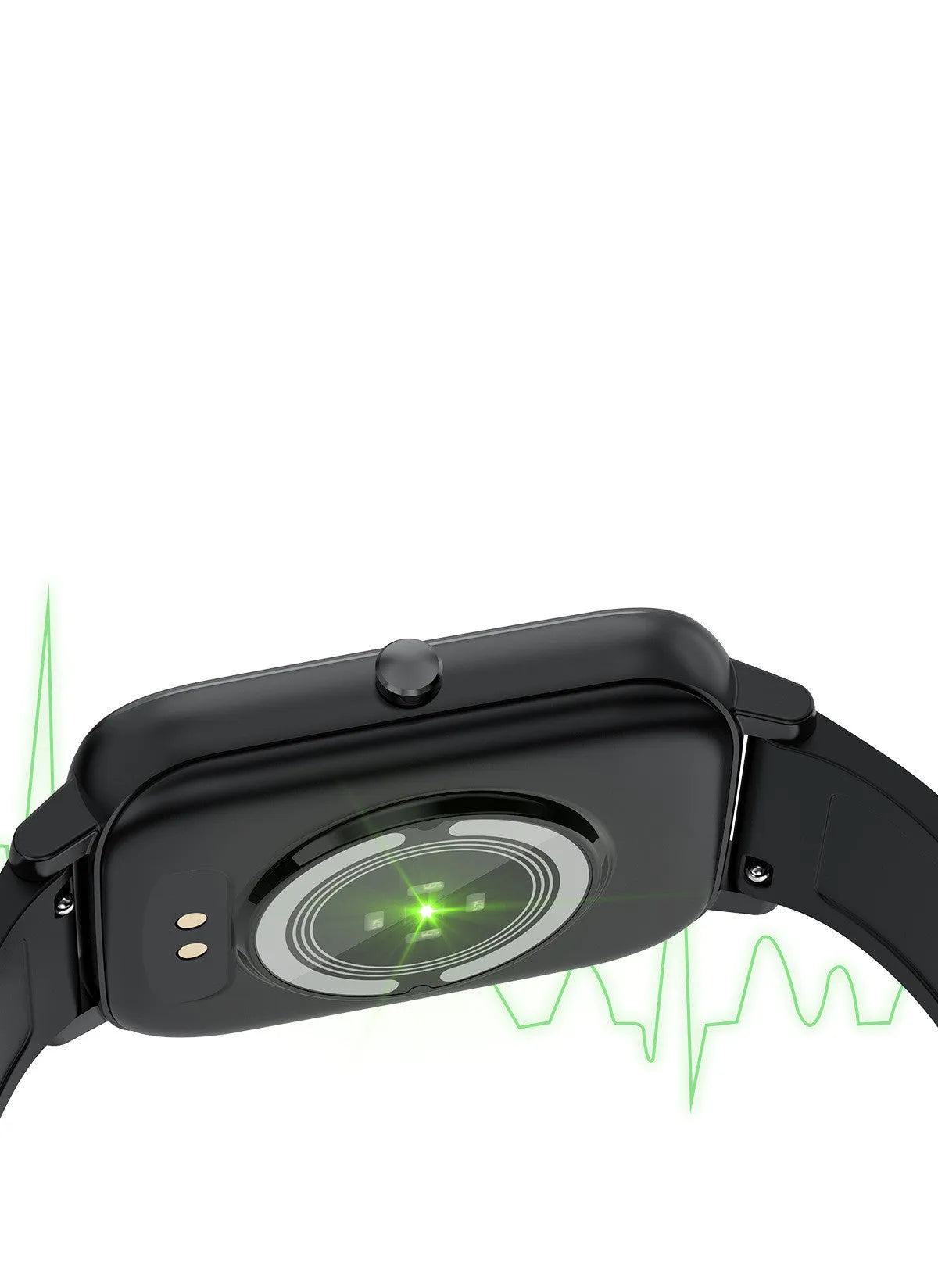 H80 black sports smart watch with 1.69-inch touchscreen on a silicone strap, displaying heart rate data.