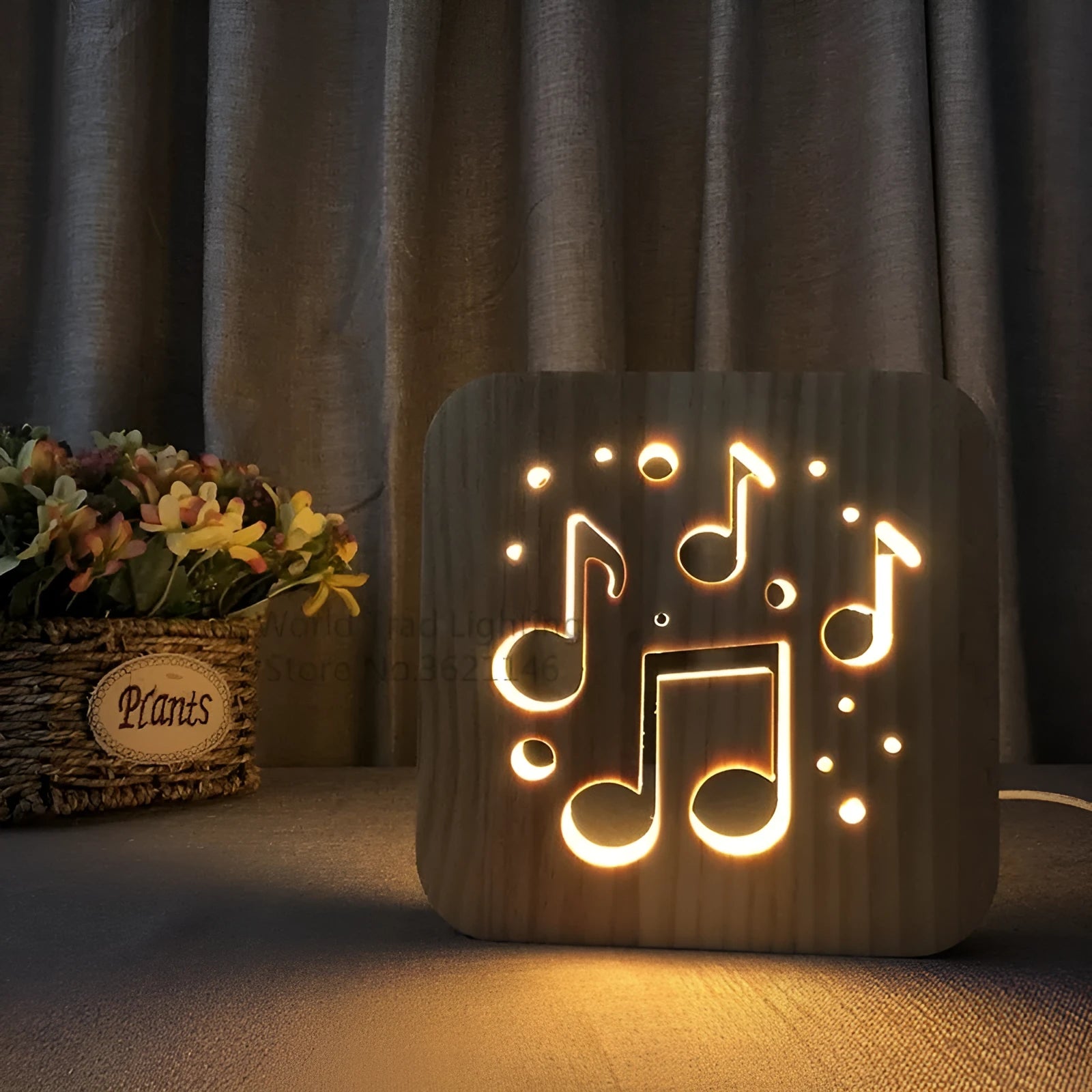 Square pine wood USB LED atmosphere lamp emitting warm white light on a desk.