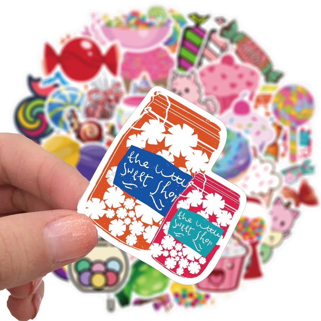 Pack of 50 colourful candy graffiti cartoon stickers measuring 4-6cm