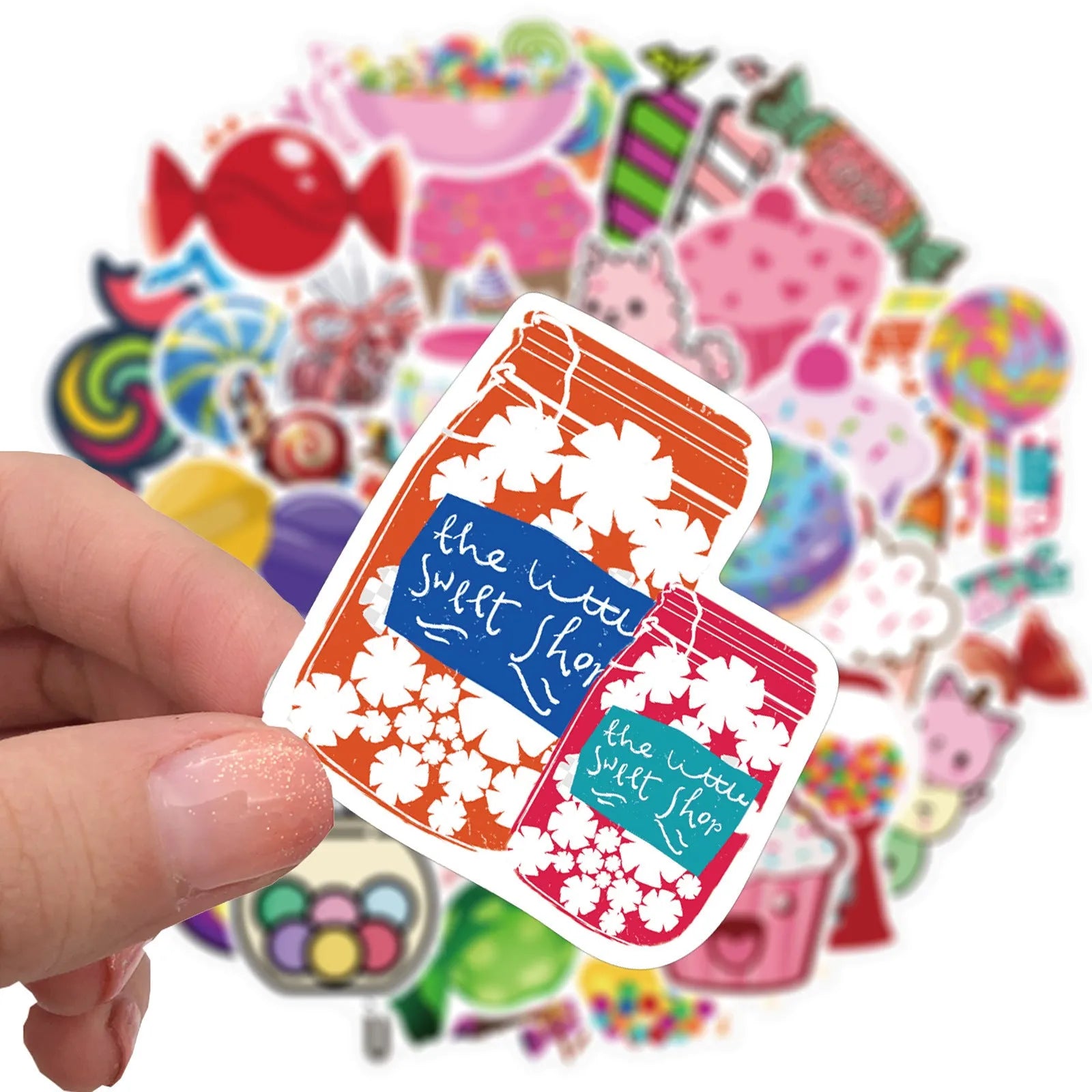 Pack of 50 colourful candy graffiti cartoon stickers measuring 4-6cm