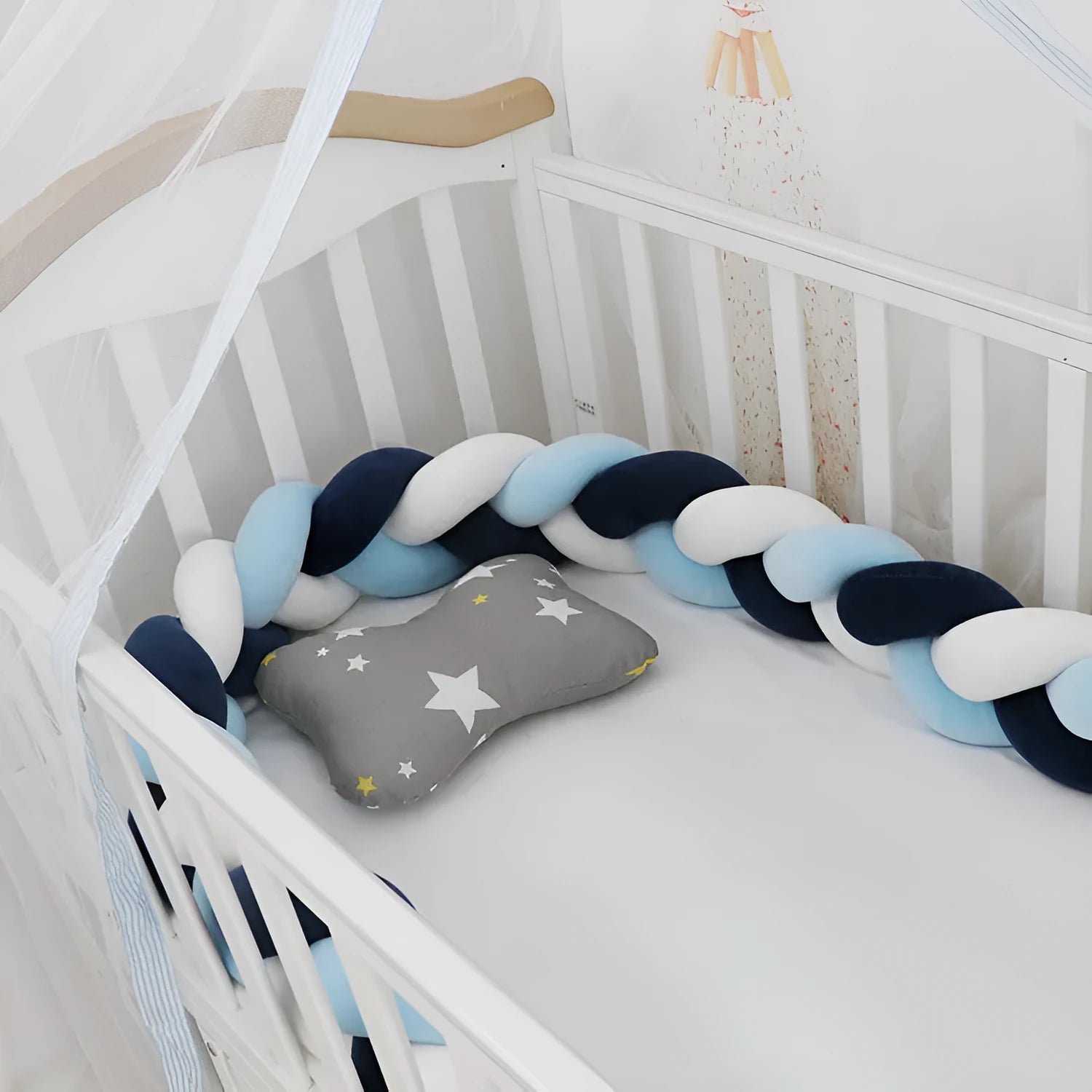 Braided knot baby crib bumper pillow in spandex velvet showing bendable design and colour options.