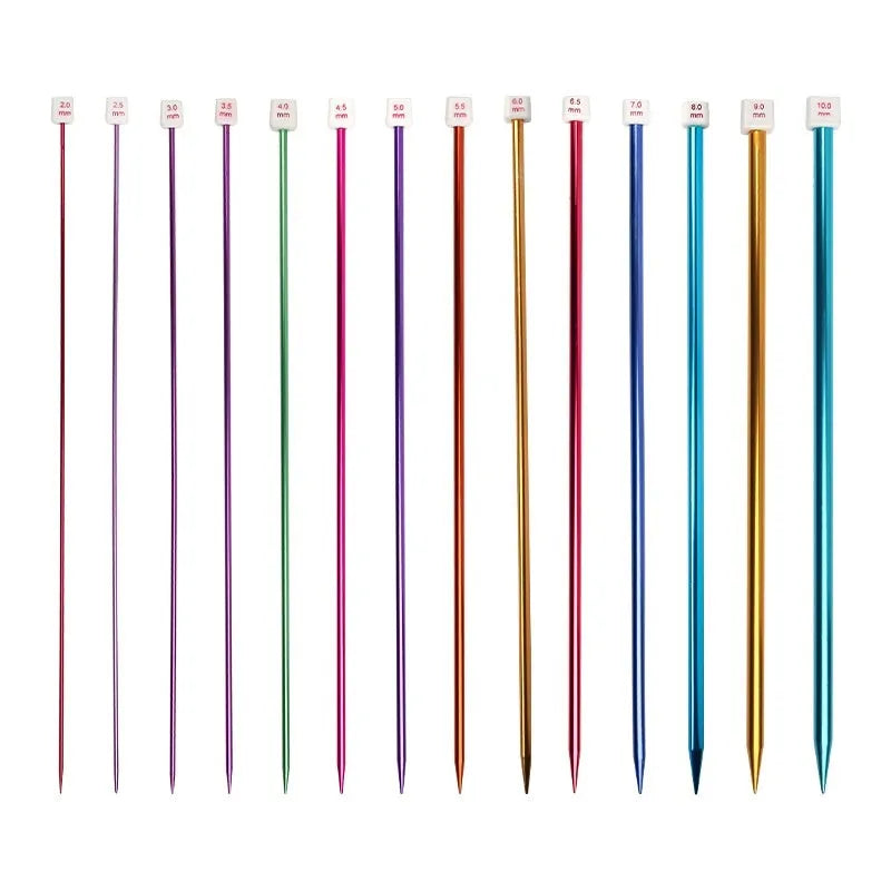 Complete set of aluminium crochet hooks in 14 sizes with protective caps laid out on a table.