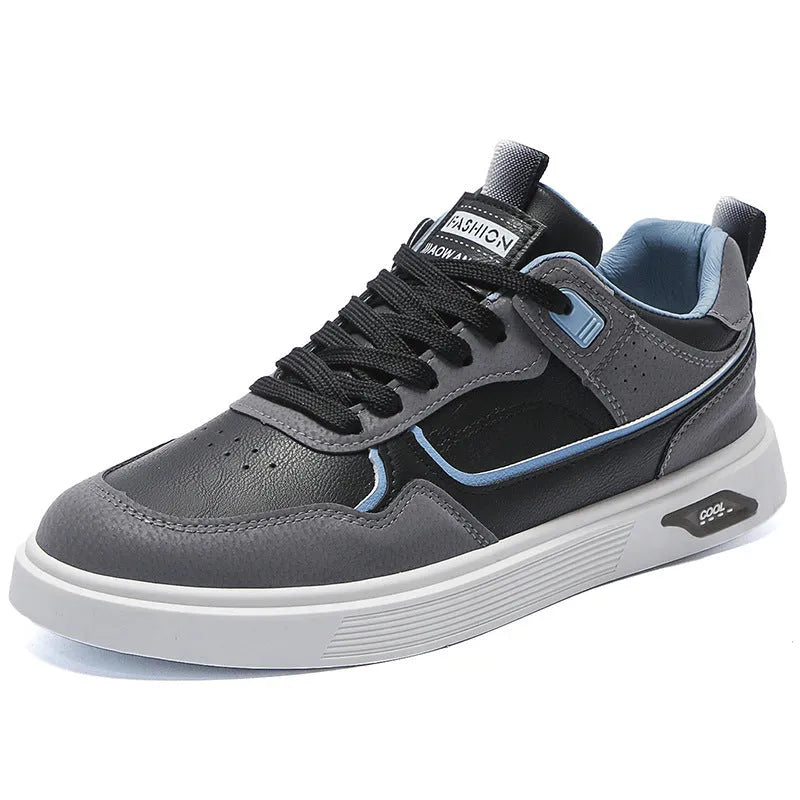 Men's Korean-style low top canvas board shoes in black with leather stitching detail on a white background.